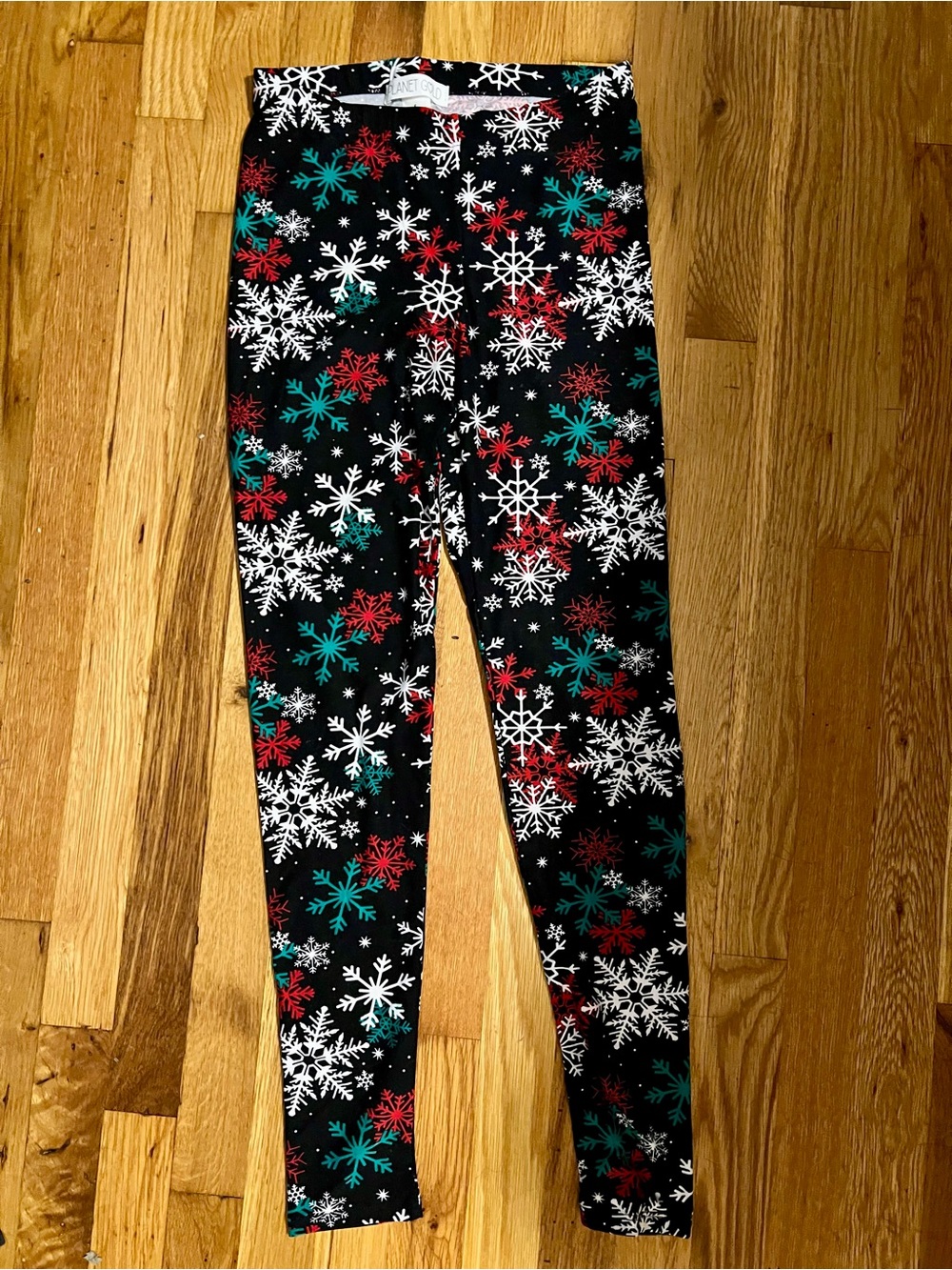 Planet Gold Black Snowflake Print Leggings with Red & Green Accents